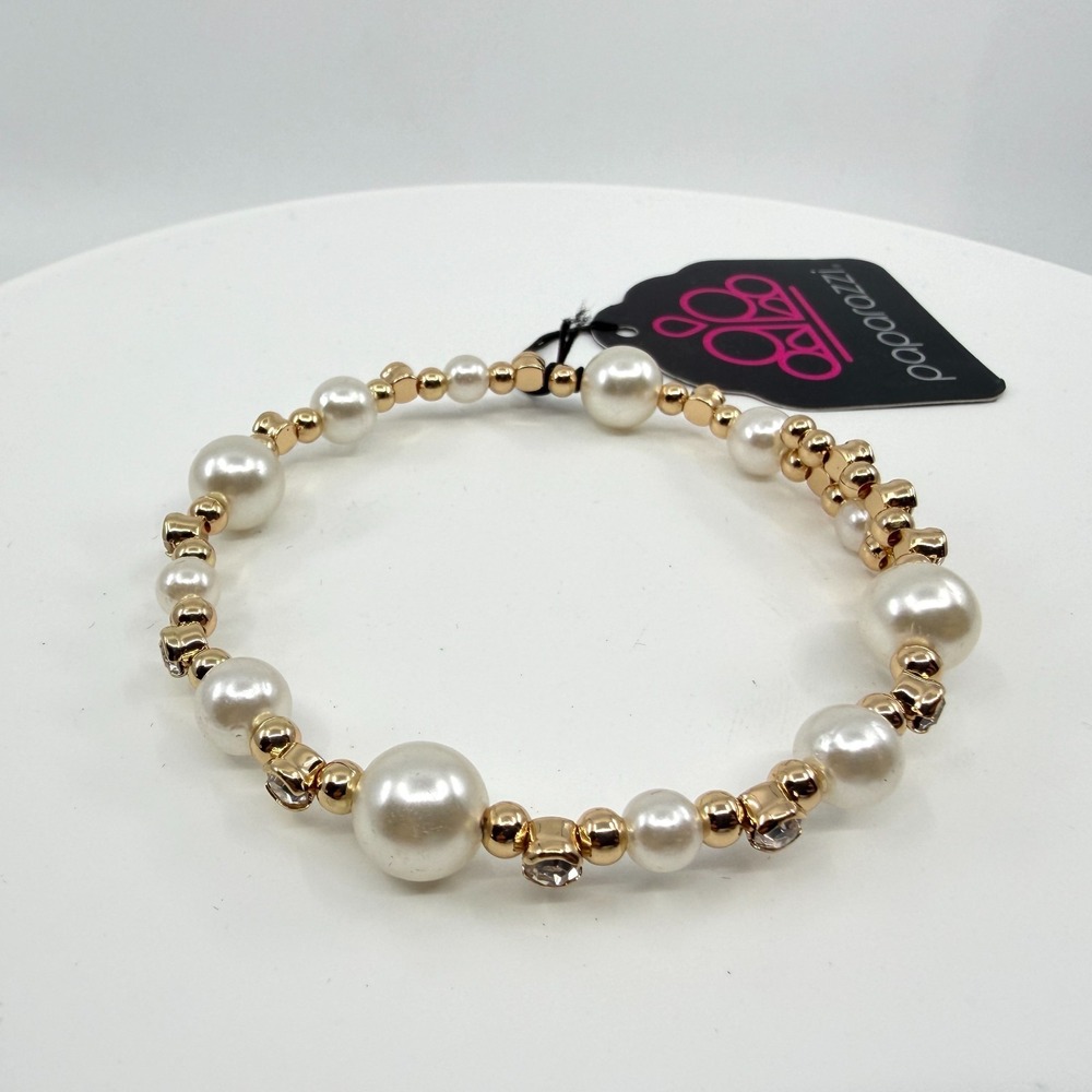 Paparazzi Gold Tone Pearl & Rhinestone Stretch Bracelet - Elegant Jewelry